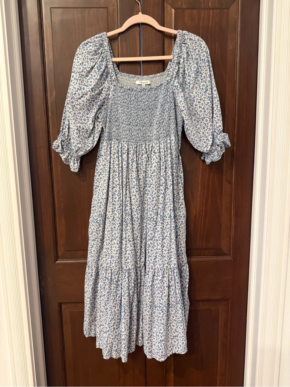 Madewell Blue Floral Midi Dress with Smocked Bodice